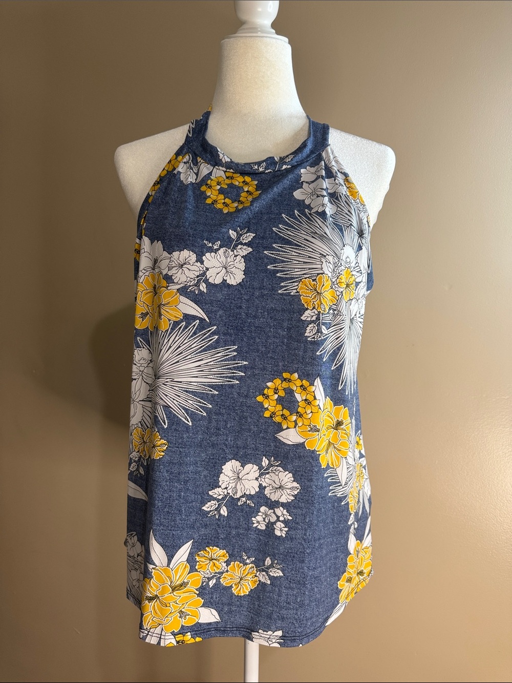 Lavish Denim-Print Tank Top with Yellow Accent
